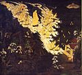 『阿弥陀二十五菩薩来迎図』通称「早来迎」[177]　国宝　京都市知恩院　初期浄土宗美術の代表作。九品と呼ばれる、極楽浄土に往生する9つのランクの中でも最高の階位が上品上生である。本図は、往生者の佇まいや遠景に描かれた宝楼閣から、上品上生図を意図した作品と考えられている[178]。
