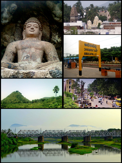 Anakapalle Montage Clockwise from Top Left: Rock-cut گوتم بدھ Statue at Bojjannakonda, View of Anakaplli Town, Anakapalli railway Station, Streets of Anakapalli, Rail Bridge on Sarada River, View of Satyanarayana Konda