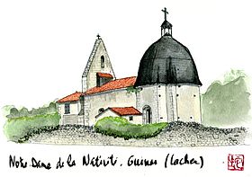 Aquarelle de l'église Notre-Dame de la Nativité à Guinas, sur la commune de Cachen