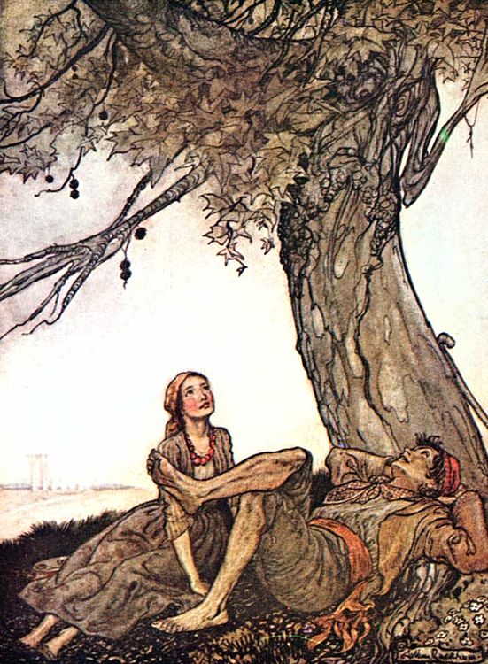 Les deux promeneurs se reposent à l'ombre du platane, par A. Rackham