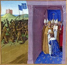 Coronation of Pepin the Short by Pope Stephen II in 754 (right), miniature by Jean Fouquet, Grandes Chroniques de France, ca. 1455-1460 Couronnement de Pepin le Bref.jpg