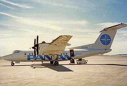 A Pan Am Express de Havilland Canada Dash 7 on arrival at Logan International Airport, completing a flight from John F. Kennedy International Airport (1987).