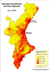 Densitat de població dels municipis valencians.