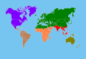 Map of six of the world's eight biogeographic realms
.mw-parser-output .legend{page-break-inside:avoid;break-inside:avoid-column}.mw-parser-output .legend-color{display:inline-block;min-width:1.25em;height:1.25em;line-height:1.25;margin:1px 0;text-align:center;border:1px solid black;background-color:transparent;color:black}.mw-parser-output .legend-text{}
Nearctic
Palearctic
Afrotropic
Indomalaya
Australasia
Neotropic
Oceania and Antarctic realms not shown Ecozones.png