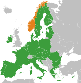 Kaart met daarop Europese Unie en Noorwegen