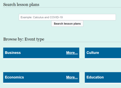 Eventmath Lesson plans page. Visible text shows "Search lesson plans" with a search bar to type in, and then "Browse by : Event type" with boxes labeled "Business," "Culture," "Economics," "Education".