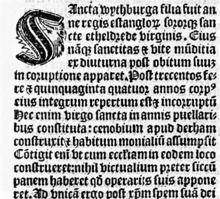 Extract from the legend of Wihtburh by John of Tynemouth from his Sanctilogium Angliae
(1516) Extract from the legend of Saint Wihtburh by John of Tynemouth.png