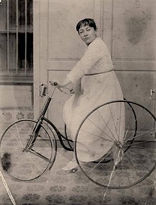 Fatma Aliye Topuz riding a tricycle, apparently while pregnant, circa 1900 Fatma aliye topuz bicycle.jpg