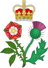 Heraldic badge of Queen Anne, depicting the Tudor rose and the Scottish thistle growing from the same stem Floral Badge of Great Britain.svg