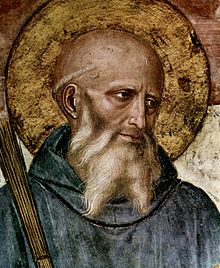 Saint Benedict, father of Western monasticism and author of Rule of St Benedict. Detail from fresco by Fra Angelico, c. 1437-46. Fra Angelico 031.jpg