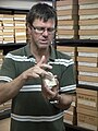 Nick Ashton demonstrates a stone tool