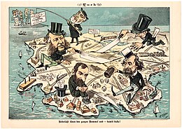 Caricature en couleurs de cinq personnages jouant aux dés et découpant des portions de continent