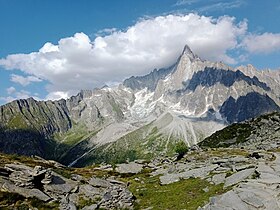 Vue du glacier du Nant Blanc au pied des Drus depuis le signal Forbes à l'ouest.