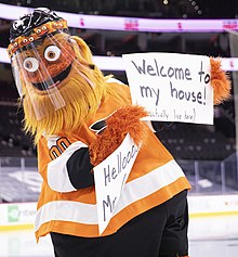 Gritty, the current mascot of the Flyers Gov. Wolf Joins Philadelphia Flyers Organization to Encourage Pennsylvanians to 'Take Your Shot' (51156977424) (cropped).jpg
