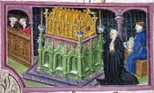 Джон Лидгейт молится в храме святого Эдмунда, из фолианта "Жития Эдмунда и Фремунда" (Британская библиотека)