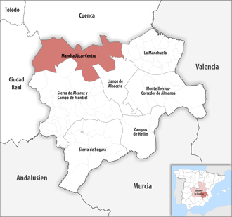 Die Lage der Comarca Mancha Júcar-Centro in der Provinz Albacete