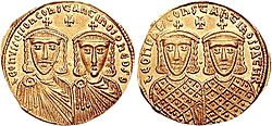 Златен солид носещ изображенията (от ляво надясно) на: Лъв IV, Константин VI, Лъв III и Константин V