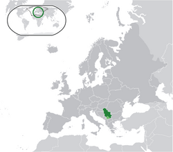 Location of Serbia (green) and the disputed territory of Kosovo (light green) in Europe (dark grey).