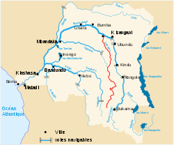 A Kongó-medence folyói, a Lomami folyó piros színnel jelölve