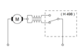 Schema Märklin-All­strommotor mit zwei Feldspulen und Hand­umschalter H 498, im Einsatz 1935–1938