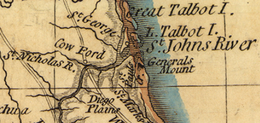 Northeast Florida showing Cow Ford (center) from Bernard Romans' 1776 map of Florida NortheastFLRomans.png