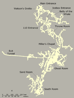 Two-dimensional map of the cave showing entrances, large named chambers, connecting passages, and the exit tunnel.