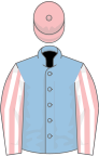 Light blue, pink and white striped sleeves, pink cap