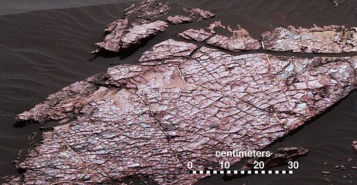 2016年12月20日，好奇號觀測到的「老水坑」岩板，可能含有泥裂縫。