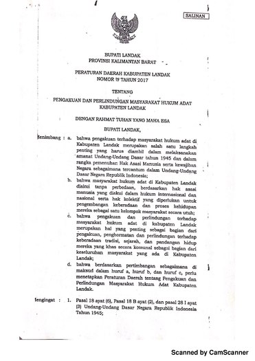 Peraturan Daerah Kabupaten Landak Nomor 15 Tahun 2017 tentang Pengakuan dan Perlindungan Masyarakat Adat Kabupaten Landak