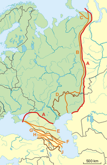 Definitions used for the boundary between Asia and Europe in different periods of history. Possible definitions of the boundary between Europe and Asia.png