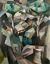 Albert Gleizes, 1911, Le Chemin, Paysage à Meudon (Paysage avec personnage), oil on canvas, 146.4 cm × 114.4 cm (57.6 in × 45.0 in). Stolen by Nazi occupiers from the home of collector Alphonse Kann during World War II, returned to its rightful owners in 1997.