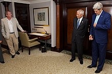 Lee with United States Secretary of State John Kerry and Secretary of Foreign Affairs of the Philippines Albert del Rosario in 2014 Reporter Questions Secretary Kerry, Foreign Secretary del Rosario of the Philippines Before Meeting in Jakarta (15582804745).jpg