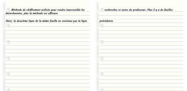 Deux feuilles de papier où un texte est chiffré via la méthode décrite.