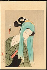 Shinju Yoi Goshin no Ochiyo (心中宵庚申、お千代, Ochiyo at "double love suicide", 1922) Woodcut from "Complete works of Chikamatsu Monzaemon" by Hōgin Kitani