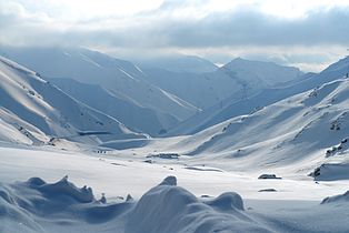 Snow covered mountains outside of Salang Tunnel