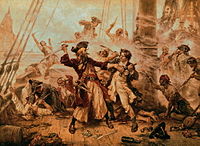 Гибель пирата Чёрной Бороды в схватке с лейтенантом Мейнардом и его людьми, 1718 год
