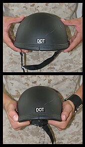 Bending shell to demonstrate weakness of non-DOT compliant helmet confiscated from rider on US military base USMC-15564.jpg