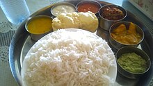 South Indian style vegetarian thali served in a restaurant.