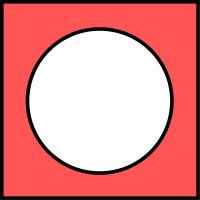 دایره پر نشده‌ای درون یک مربع. ناحیه داخل مربع که توسط دایره پوشش داده نشده، به رنگ قرمز است. مرزهای دایره و مربع به رنگ سیاه اند.