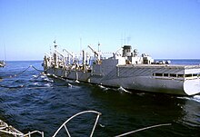 Replenishment oiler USS Wabash at work Wabash Refueling Midway 1974.jpg