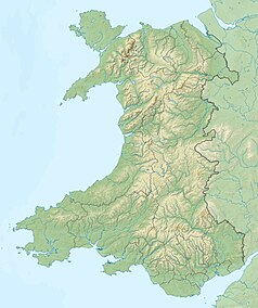 Mapa konturowa Walii, blisko górnej krawiędzi nieco na lewo znajduje się punkt z opisem „Anglesey”