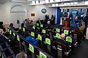 President Trump speaks to reporters during a press briefing White House Press Briefing (50356441758).jpg