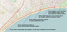 Annotated map showing course of attack along the Promenade des Anglais 2016 Nice attack route annotated.jpeg