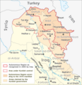 Mapa Iračkog Kurdistana koja prikazuje granice Kurdistana iz 1970. godine, priznate granice Kurdistana iz 2005. godine i teritorije pod faktičkom kontrolom Kurda