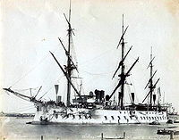 Bayard (1880) crossing the Suez Canal at Port Said while bringing the remains of Admiral Amédée Courbet back to France. Her spars are set diagonally, one mast perpendicular to another, as a sign of mourning.