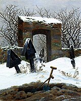 Graveyard under Snow (1826). 31 × 25 cm. Museum der bildenden Künste, Leipzig. Friedrich sketched memorial monuments and sculptures for mausoleums, reflecting his obsession with death and the afterlife. He also created some of the funerary art in Dresden's cemeteries.[92]