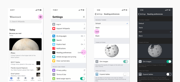 4 screenshots from the iOS app. First shows the highlight on the Settings gear, second shows the highlight on Reading Preferences within settings, third shows highlight on "Dark" mode reading theme, fourth shows th settings screen now in Dark mode.