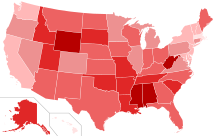 Percent of self-identified conservatives by state in 2018, according to a Gallup poll:
.mw-parser-output .legend{page-break-inside:avoid;break-inside:avoid-column}.mw-parser-output .legend-color{display:inline-block;min-width:1.25em;height:1.25em;line-height:1.25;margin:1px 0;text-align:center;border:1px solid black;background-color:transparent;color:black}.mw-parser-output .legend-text{}
45% and above
40-44%
35-39%
30-34%
25-29%
24% and under Conservative Gallup 8-10.svg