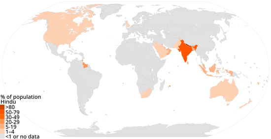 Hindu population by country as of 2010 Countries by percentage of adherents to Hinduism.svg