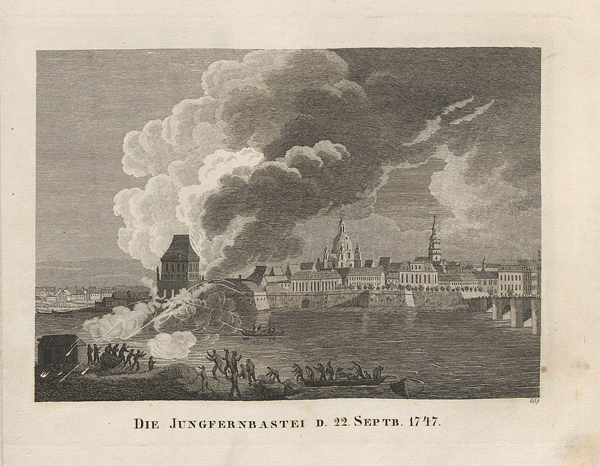 Die Jungfernbastei den 22. September 1747. Im Vordergrund das Gelände der Furt/Fähre auf der (Alten)Dresdner (heute Neustädter) Seite.